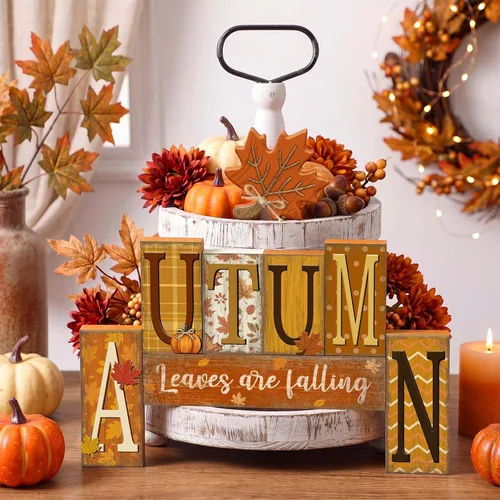 Vista 4 de Threehoney 8 piezas de decoración de mesa de otoño, hojas rústicas de otoño, letrero de madera, hojas de arce, bloque de madera, centro de mesa