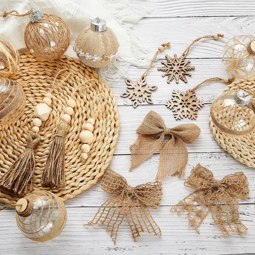 Vista 4 de 39 piezas de adornos de bola de Navidad rústicos boho, juego a granel de 2.36 pulgadas / 6 cm., bolas color champán, adornos de árbol de Navidad