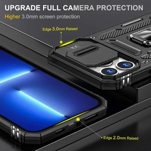 Vista 3 de Funda para iPhone 13 Pro con función atril con cubierta para cámara, protección de grado militar, soporte de anillo de metal, funda parachoques