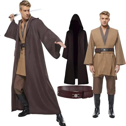 Vista 9 de Cosplaysky Disfraz de túnica para hombre, disfraz de Halloween, uniforme con capucha Negro