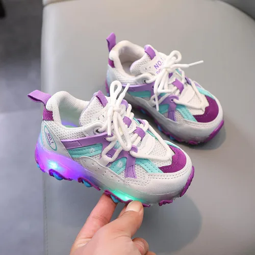 Vista 6 de Zapatos de vestir ajustables para caminar para bebés y niñas zapatos deportivos luminosos zapatos de bebé ligeros con brillo morado 12-18 meses