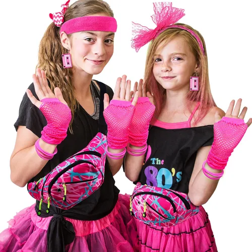 Vista 6 de Hicarer 18 piezas de accesorios de los años 80 para mujeres y niñas, trajes de fiesta retro neón de los años 80 y 90, disfraz de Año Nuevo, riñonera