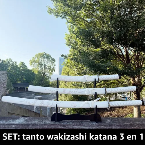 Vista 6 de 3-Piece Set Katana Carbon Steel Blade Japanese Samurai Sword Real,Iaido Samurai Sword Display Decoration Gift Blanco