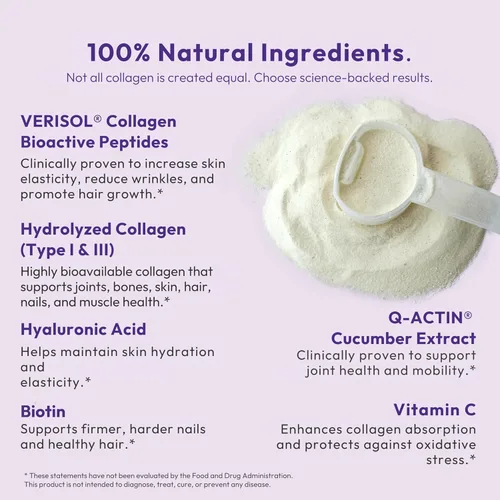Vista 4 de VERISOL® Péptidos de colágeno hidrolizados tipo I y III con vitamina C, ácido hialurónico, biotina, Q-ACTIN® Proteína en polvo sin sabor para piel