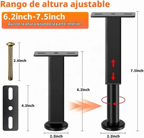 Vista 2 de 4 patas de soporte de cama de altura ajustable, elevadores de cama de metal de 6.2 a 7.5 pulgadas