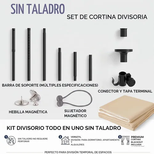 Vista 8 de Juego de cortinas divisoras de habitación, sin taladro, con barra retráctil, sin herramientas, para dormitorio, color beige, 100 pulgadas de ancho x