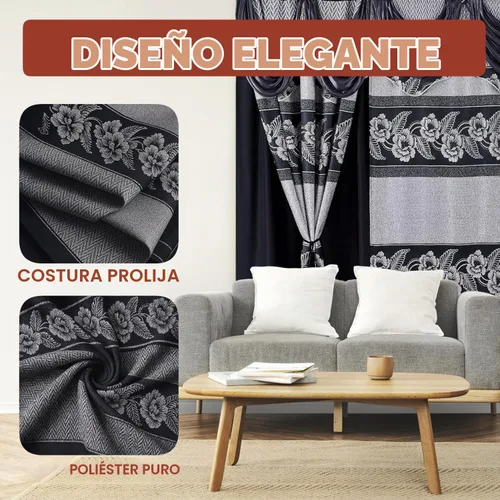 Vista 2 de YHSF Cortinas Jacquard de 2 paneles con cenefa y alzapaños, negro, 54x84