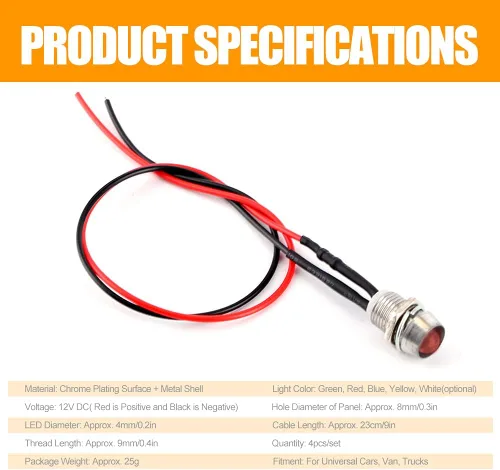 Vista 4 de Keenso 4 Piezas Luces Piloto LED de 12V, Lámpara Indicadora de 8mm (0.31 pulgadas) Luz Indicadora de Coche Furgoneta Barco Bombillas Piloto