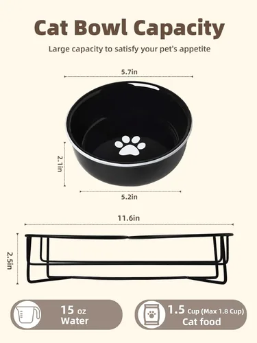 Vista 2 de GDCZ Ceramics - Cuencos elevados para gatos con soporte de metal Heighten, 15 onzas (negro)
