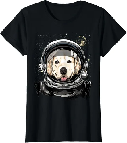Vista 33 de Camiseta para amantes de los perros de los astronautas del espacio exterior Golden Retriever Lover, Negro