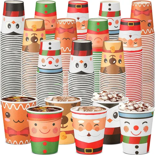 Vista 7 de Yaomiao 300 tazas de papel de Navidad de 9 onzas, diseño de cinturón de Papá Noel, desechables, tazas de café de cacao caliente para Navidad, a