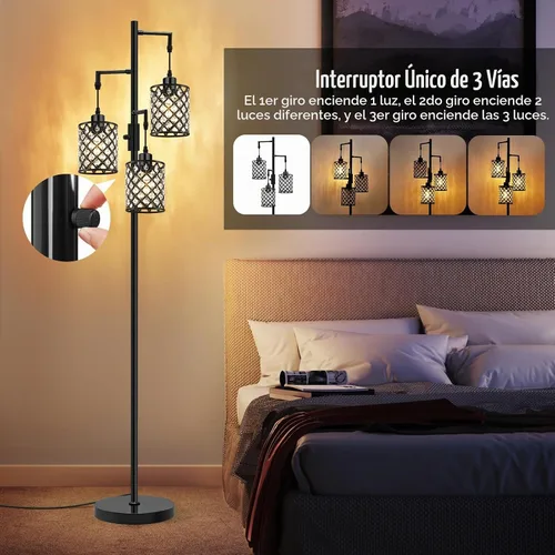Vista 2 de Lámparas de pie de cristal GyroVu para sala de estar, lámpara de pie negra de 3 luces, lámpara alta de pie con elegante pantalla de cristal K9
