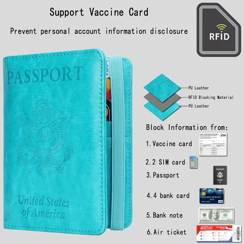 Vista 2 de GDTK - Portapasaportes de piel, con bloqueo RFID, ideal para documentos de viaje, Azul (Sky Blue)), 610521126587
