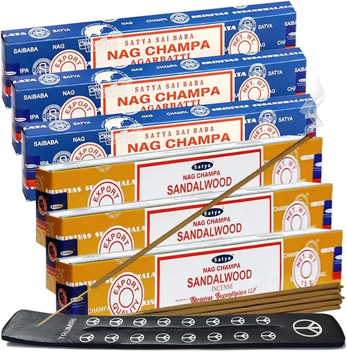 Vista 6 de Varillas de incienso de Sangre de Dragón y Palo Santo con soporte, paquete de variedad de la marca House of Nag Champa y Trumiri