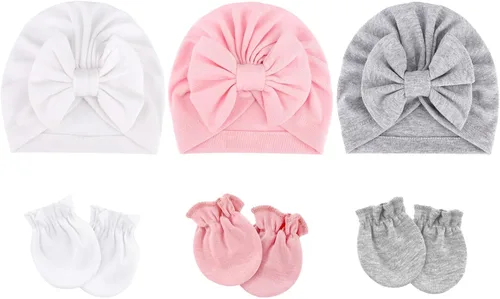 Vista 16 de BQUBO Gorros para Niñas Recién Nacidas Conjunto de Gorro y Manoplas para Bebé Gorros para Infantes con Moño Gorro de Hospital con Manoplas