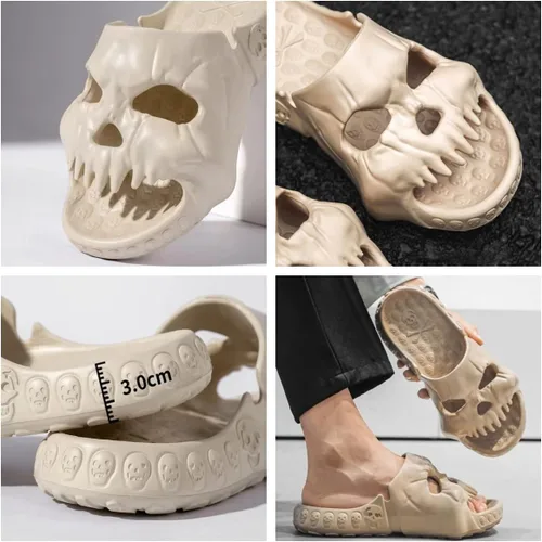 Vista 7 de Sandalias de baño unisex con diseño de calavera de una sola banda, sandalias de ducha antideslizantes de verano 2023 con suela gruesa