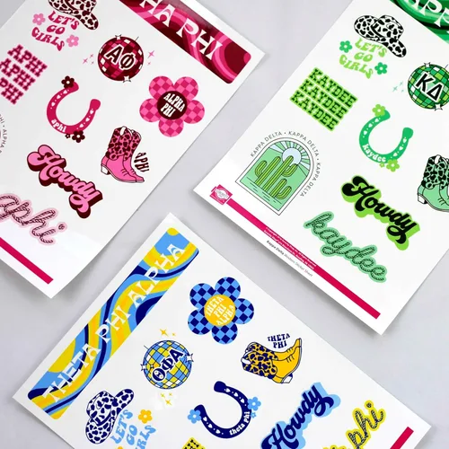 Vista 8 de Chi Omega - Hoja de calcomanías de vinilo de diseño occidental con diseños oficiales, adhesivo extraíble, 10 calcomanías por hoja, por Sorority Shop