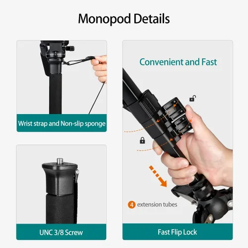 Vista 6 de Monopod extensible de aluminio para cámara con cabezal fluido y base de trípode plegable para cámara DSLR. Altura máxima de 58 pulgadas. Carga útil