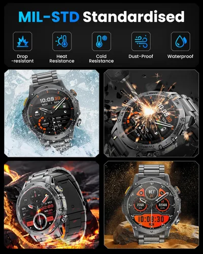 Vista 5 de Relojes inteligentes militares para hombres, reloj inteligente de 1.7 pulgadas con batería de 1000 mAh, linterna LED, frecuencia cardíaca, monitor