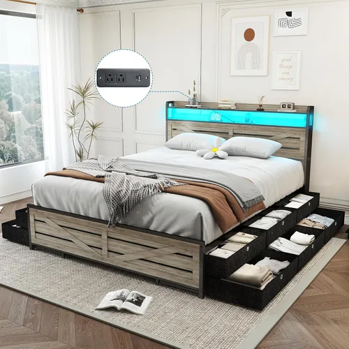Vista 10 de Kiivakii Base de cama de tamaño matrimonial con cabecero, plataforma LED con 4 cajones de almacenamiento, estación de carga integrada, sin ruido