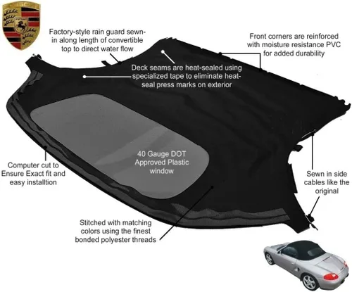 Vista 2 de Compatible con Porsche Boxster Convertible Top con Ventana de Plástico Negro Lona Tela (1997-2002)