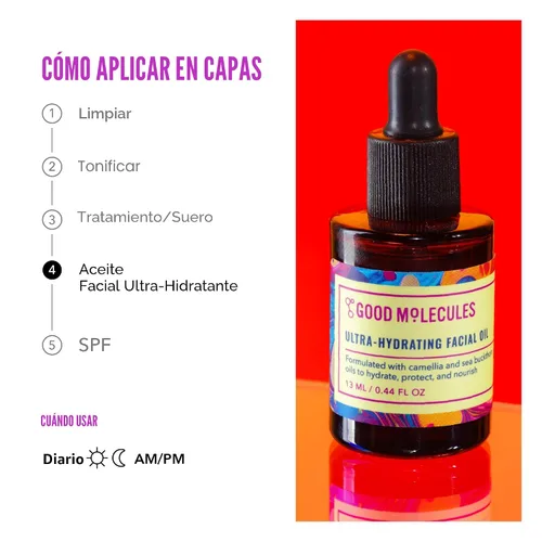 Vista 6 de Good Molecules Aceite facial ultrahidratante, hidratante facial con aceites nutritivos de espino amarillo y camelia, cuidado hidratante de la piel