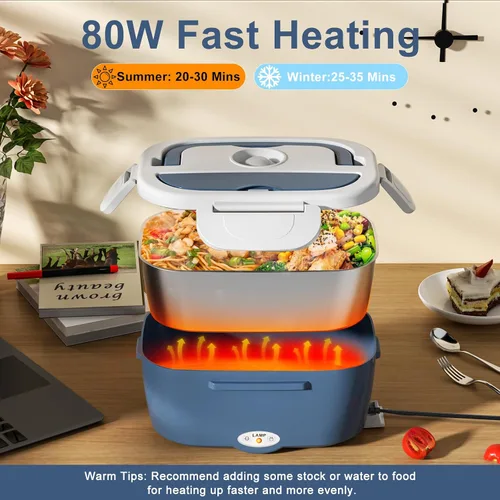 Vista 4 de Fiambrera eléctrica Akhia para adultos, lonchera con calentamiento rápido de 80 W para automóvil/camión/oficina/viajes con contenedor de acero