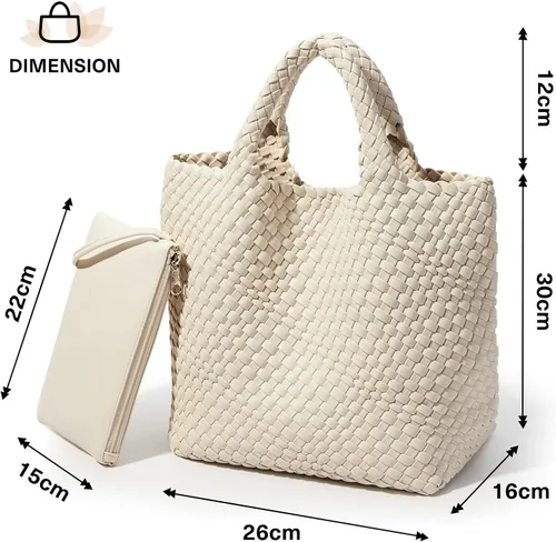 Vista 6 de KALIDI Bolso de playa de mano de paja Bolso de hombro a rayas cosido PU mango de cuero Zippe Viaje Compras Picnic