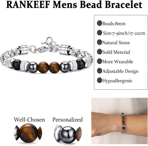 Vista 3 de Pulsera de cuentas para hombre RANKEEF - Juego de pulseras ajustables y elásticas con cuentas de piedra natural multicolor de 6 y 8 mm - Pulseras