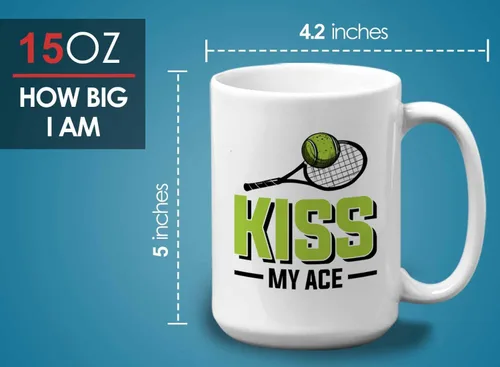 Vista 6 de Taza de café de tenis de 15 onzas, color blanco, Kiss My Ace, jugador de tenis, atleta, afición, divertido juego de palabras, sarcasmo, broma