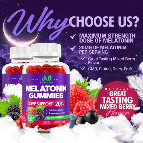 Vista 2 de Gomitas de melatonina de 20 mg (120 unidades) – Soporte para dormir de máxima fuerza para adultos con 10 mg de melatonina por gomita – Sin gluten