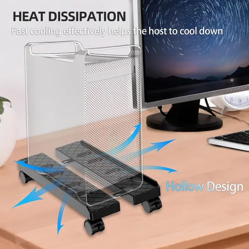 Vista 6 de Soporte de CPU móvil ajustable, Soporte de torre de computadora ventilado con 4 ruedas con rodamientos se adapta a la mayoría de torres de PC