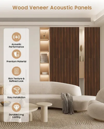 Vista 5 de Paneles de pared acústicos, 2 paneles de pared insonorizados de listones de madera 3D de 48 x 11 pulgadas, para decoración de interiores, reducción