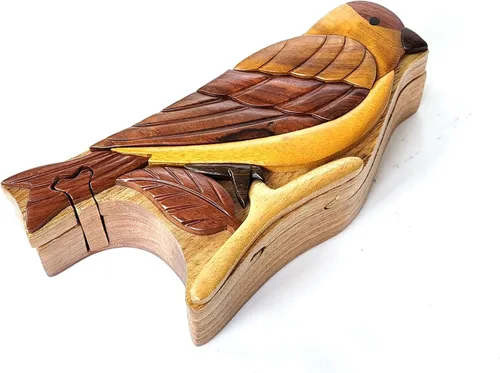 Vista 2 de Goldfinch Bird - Caja de rompecabezas de madera Intarsia - Recuerdo de madera natural hecho a mano con compartimento secreto - Regalo único