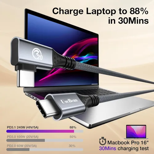 Vista 6 de UseBean Cable USB C a USB C de 240 W de 0.6 pies [2 unidades], cable de datos USB C 3.2 Gen 2X2 20Gbps de ángulo recto, salida de video 4K, cable