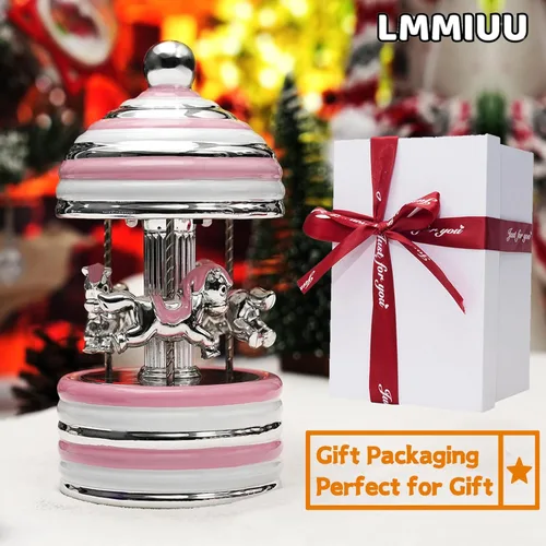 Vista 2 de Caja de Música de Carrusel Envuelta para Regalo, Carrusel Musical de Cerámica con Luces que Cambian de Color, Cajas de Música para Niñas, Niños