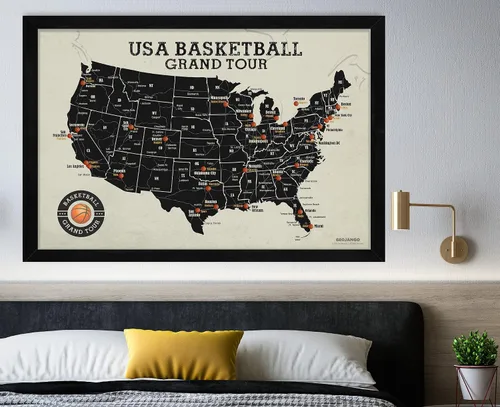 Vista 2 de GEOJANGO Mapa de arena de baloncesto, regalo deportivo para fanáticos del baloncesto – Sigue tus viajes deportivos – Mapa enmarcado, póster