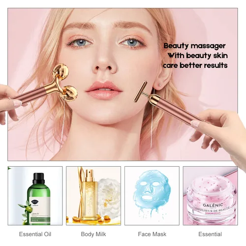 Vista 7 de Masajeador facial 2 en 1 Beauty Bar de pulso dorado de 24 quilates, rodillo 3D eléctrico y en forma de T, brazo ojo, nariz, cabeza, masajeador