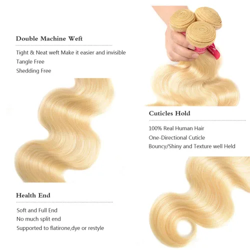 Vista 4 de YISEA Paquetes de Cabello Rubio 613 con Cierre Cabello Brasileño Ondulado 3 Paquetes con Cierre Paquetes de Cabello Humano Rubio con Cierre Cabello
