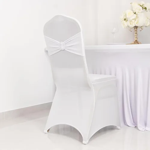 Vista 58 de Efavormart - Funda para silla de banquete de elastano beige con banda de hebilla de diamantes de imitación plateados, funda elástica para silla