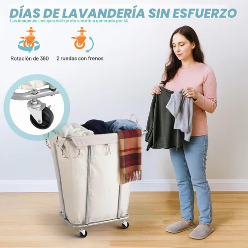 Vista 4 de PLKOW Cesta de lavandería con ruedas de 120L, color beige Beige-120L