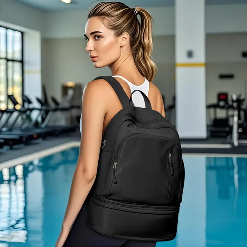 Vista 5 de Mochila de gimnasio para mujer, pequeña bolsa de gimnasio con compartimento para zapatos, mochila impermeable para deportes con bolsillo húmedo