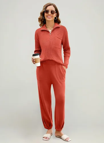 Vista 5 de softome Conjunto de 2 piezas para mujer, suéter de manga larga, con cremallera de 14, suéter de punto, pantalones casuales, conjunto de ropa
