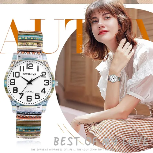 Vista 3 de Avaner Reloj de pulsera con correa elástica, reloj analógico de cuarzo con números grandes, reloj de pulsera impreso para mujer