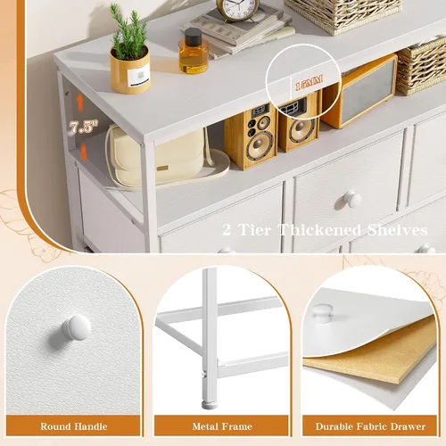 Vista 5 de Cómoda para dormitorio con 7 cajones y 2 estantes abiertos, soporte de TV para dormitorio, cómoda blanca para pasillo, entrada, dormitorio
