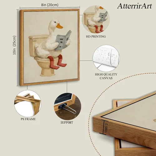 Vista 4 de AtterrirArt Divertido arte de pared enmarcado para baño, 8 x 10 pulgadas, lindo pato en el inodoro, lectura de periódico, decoración de pared