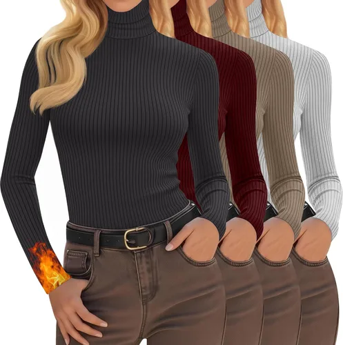 Vista 14 de Oakgarden Paquete de 4 camisetas térmicas de cuello alto para mujer, de manga larga, acanaladas, de algodón, ajustadas, capa base, ropa