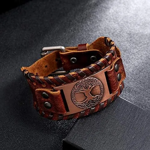 Vista 3 de Brújula vikinga nórdica Vegvisir Fenrir Wolf Tree Of Life Yggdrasil Valknut Brown Pulsera de cuero vikingo