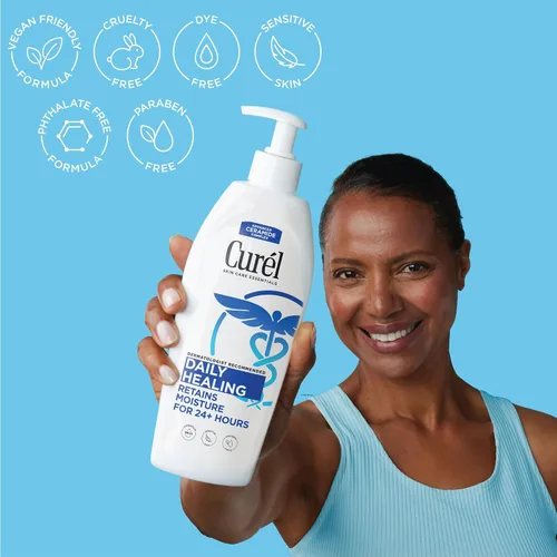Vista 3 de Curel Loción diaria curativa para manos y cuerpo, hidratante nutre la piel seca con complejo avanzado de ceramida, repara la barrera de humedad, 13