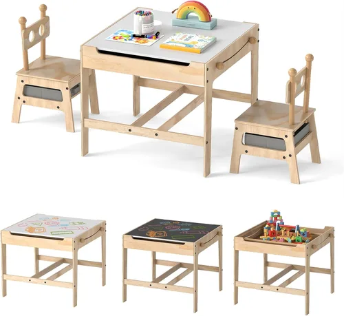 Vista 14 de Costzon - Juego de mesa y sillas para niños, escritorio de actividades multifuncional de madera para niños pequeños con mesa reversible, cajones